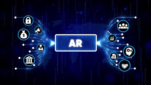 Augmented Reality AR Technology Interface with Futuristic Icons and Digital Network Background