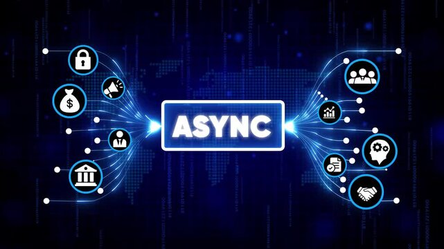 Async programming concept with digital technology icons floating in futuristic blue neon cyber space background