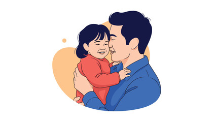 Loving father warmly embracing his cheerful young daughter against a soft orange background during a happy moment.