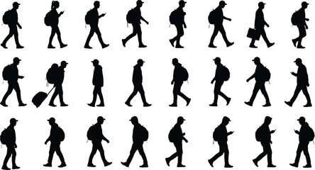 Fototapeta premium Silhouettes of people walking with backpacks and luggage on white background woman