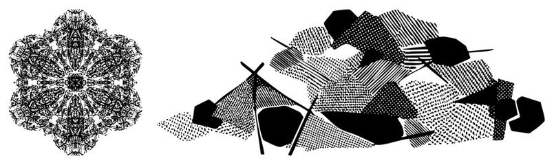 Symmetrical mandala design with ornate motifs, paired with fragmented halftone shapes, vector art, graphic design element, isolated foreground.