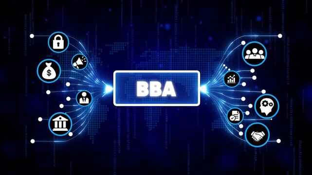 BBA degree digital concept with business icons and futuristic technology background for education and career success