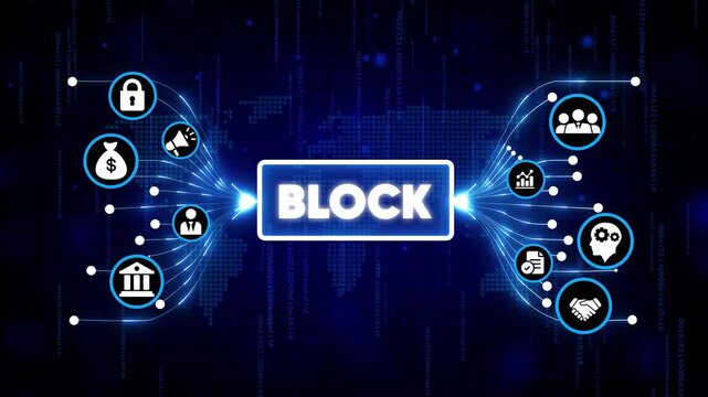 Blockchain technology digital concept with futuristic icons and glowing blue network background for finance and crypto innovation