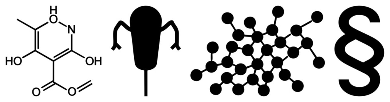 Chemical quinone structure, capacitor symbol, graphene lattice, legal section sign all isolated vector glyphs. Scientific, technical, legal, electronic symbols.