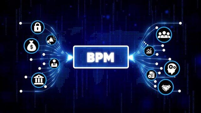 Business process management BPM flowchart with digital icons and glowing nodes on dark futuristic background