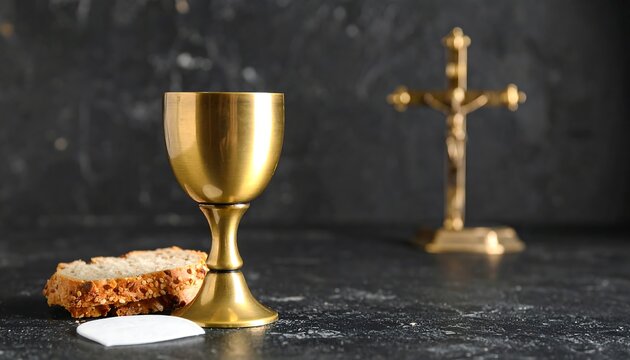 Golden Chalice and Bread for Holy Communion with Cross.