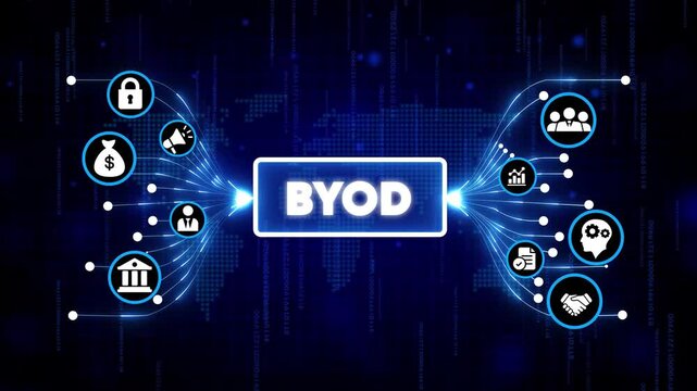 BYOD concept with digital icons floating in futuristic cyber network for remote work and cloud technology integration