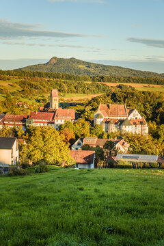 Schloss Blumenfeld castle and village with Hohenstoffeln volcano, Baden-Wuerttemberg, Germany