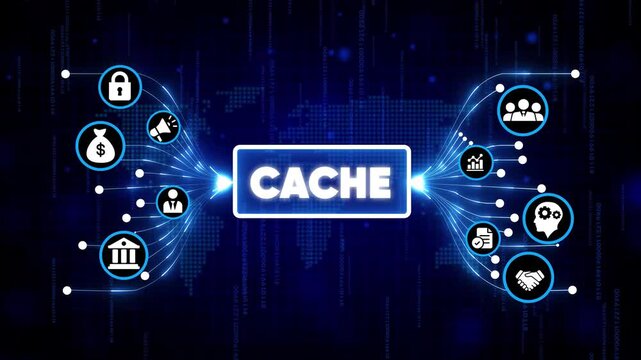 Digital cache memory concept with glowing icons and futuristic technology background for data storage and cyber security