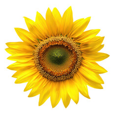 A vibrant sunflower with yellow petals and a green center, set against a white background.