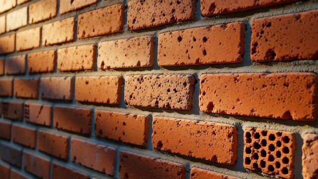 Close-up shot of textured red brick wall with various shapes and patterns highlighting the intricate details of the surface