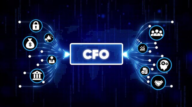 Chief Financial Officer CFO digital concept with futuristic finance icons and glowing blue network background