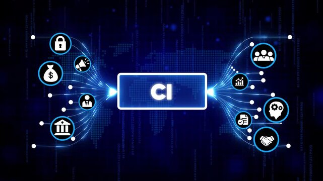 Continuous Integration CI technology concept with digital icons and futuristic blue background for software development and automation