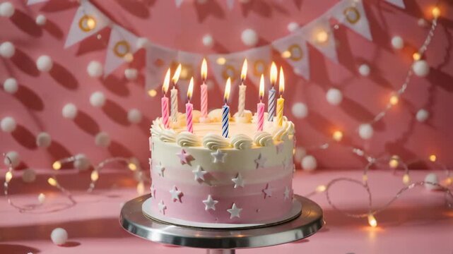 Colorful birthday cake with candles lit, surrounded by festive decorations in soft pink tones and twinkling lights