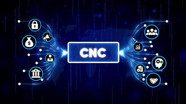 CNC machining technology concept with digital icons and futuristic blue background for industry innovation and automation