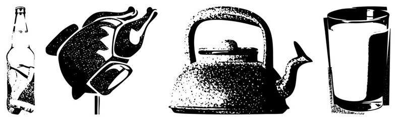 Obraz premium Classic halftone graphic depicting beer bottle, roasted chicken, kettle, and water glass, stylized with dot, retro kitchen, food and drink symbols.