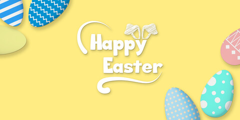 Fototapeta premium Colorful decorated Easter eggs and festive Happy Easter text on a bright yellow background, holiday celebration Concept.