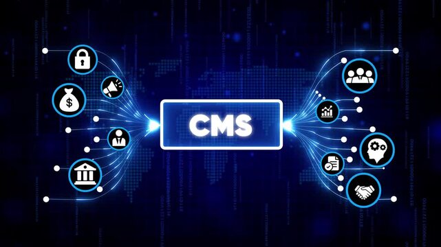 CMS content management system digital interface with futuristic icons and glowing blue network background for business technology