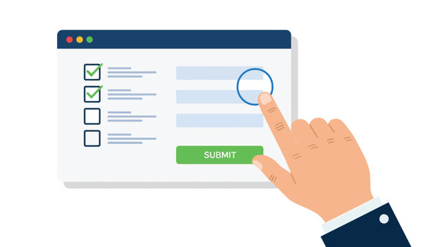 Person completing online form with hand clicking submit button on digital screen with checklist and text fields
