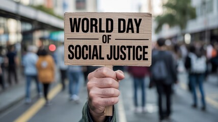 World Day of Social Justice protest, people holding justice sign during peaceful demonstration
