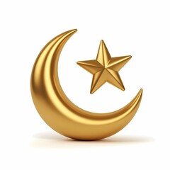 A gold crescent moon and star symbol on a white background