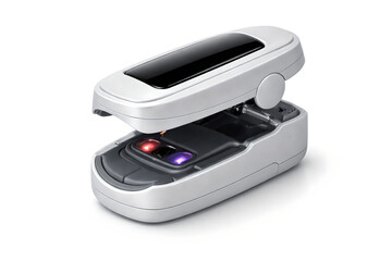 Photorealistic 3D macro product-shot of a single unbranded fingertip pulse oximeter clip device in the closed position, clean ergonomic shell with crisp seam lines, subtle satin plastic micro-texture