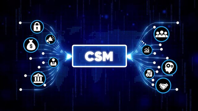 Customer Service Management CSM Concept with Digital Icons and Futuristic Blue Background Technology Interface