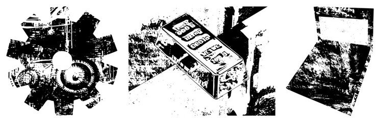 Obraz premium Mechanical cogwheel assembly with gritty halftone texture, industrial machinery component, gear system, mechanical engineering, black and white vector graphic.