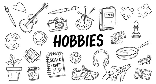 Collection of hand-drawn icons representing various hobbies and leisure activities