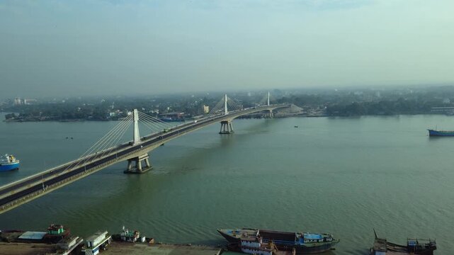 Aerial view of the Shah Amanat Bridge spanning the Karnaphuli River in Chittagong, Bangladesh.