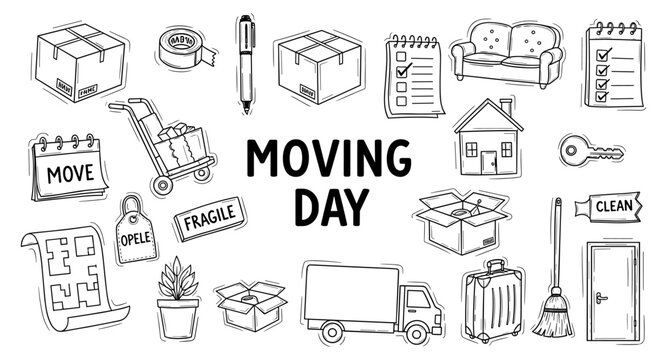 Moving Day Doodle Icons Collection: Boxes, Truck, House, and Essentials