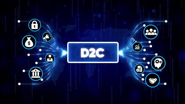 D2C business model digital transformation concept with futuristic icons and glowing blue network background