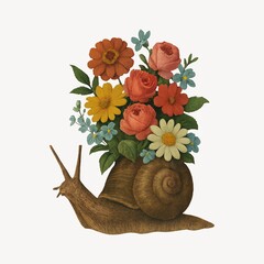 Fototapeta premium Snail with vibrant floral arrangement