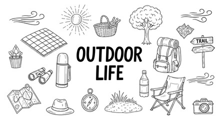 Doodle illustration of outdoor life essentials for adventure and camping trips