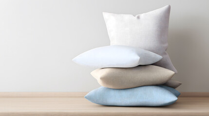 Cloud Dancer themed A stack of pillows in various textures and colors on a wooden surface Colour of the Year 2026