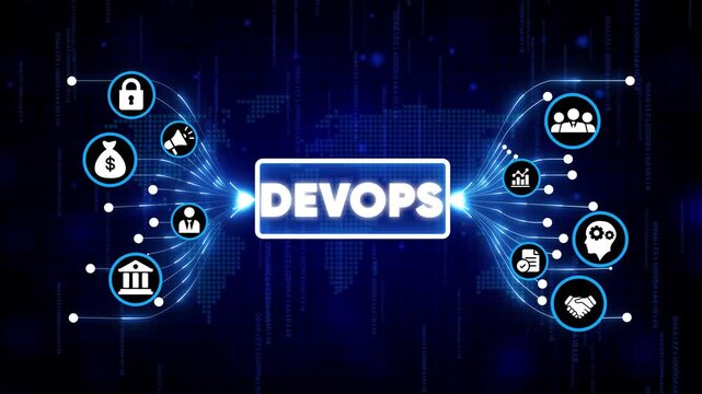 DevOps technology concept with digital icons and glowing network on dark blue futuristic background for IT innovation and cloud computing