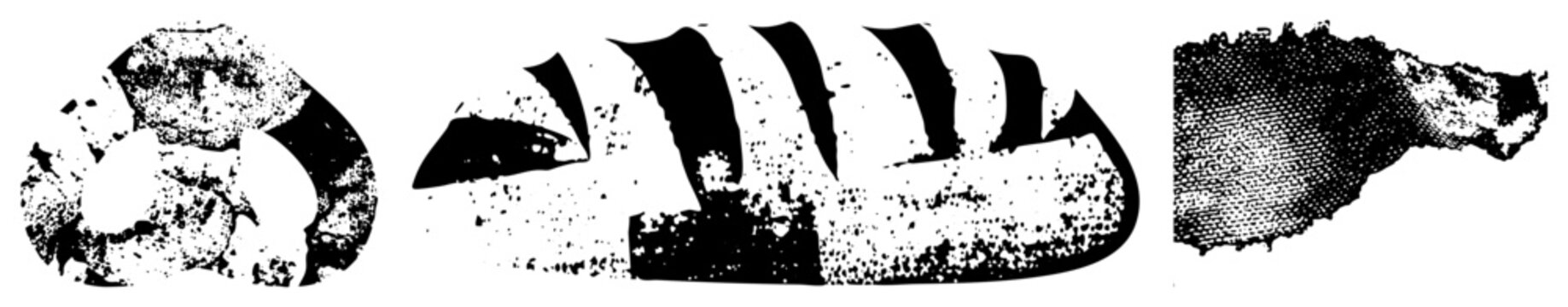 Stylized bread loaf with slash marks and zebra head in halftone dot, vector art, isolated foreground, black and white, graphic design elements.