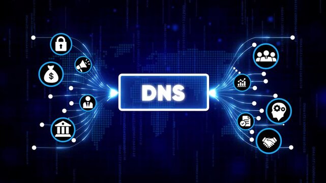 Digital DNS server technology concept with glowing icons and futuristic network background in dark blue cyber space