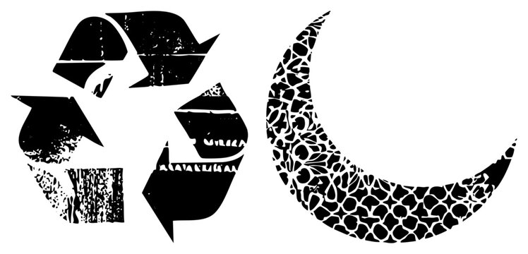 Black vector featuring a distressed recycle symbol and a moon filled with organic, isolated on transparent background.