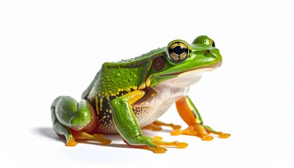 Obraz premium Full Body Portrait of a Green Tree Frog Isolated on White Background for Wildlife Education and Nature Conservation Visuals