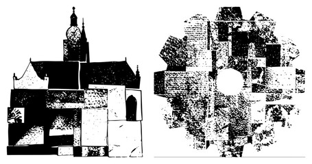 Obraz premium Stylized building forms composed of fragmented geometric blocks, halftone texture, vector art, architectural abstraction, urban design concept.