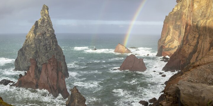 Sunset, rainbow at sea, volcanic peninsula, Ponta de S&atilde;o Louren&ccedil;o, Ponta de Sao Lourenco, rocky coast, Punta de San Lorenzo, Madeira, Portugal