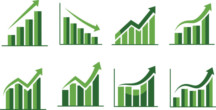 Green Business Growth Chart Icon Set with Upward and Downward Bar Graphs, Financial Analytics Symbols for Reports, Dashboards, and Presentations