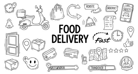 Obraz premium Doodle illustration of food delivery service elements and icons, emphasizing speed and convenience