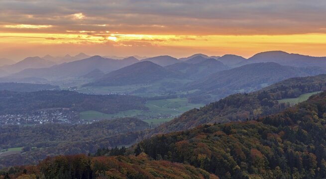 View of an autumnal forest from the Gisliflue, behind the Jurassic foothills in the light of the setting sun, Talheim, Canton, Aargau, Switzerland