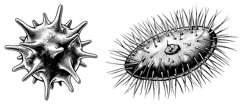 Scientific sketch of sea urchins, echinoderms with spiny, marine biology study, underwater creatures, black and white engraving style.