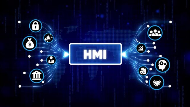 HMI Human Machine Interface digital dashboard with futuristic icons and glowing blue tech background for industrial automation and smart control systems