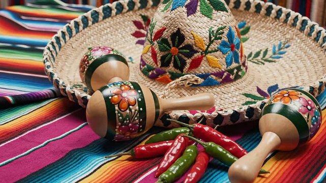 Traditional Mexican sombrero with maracas and chili peppers on a striped serape. Cinco de Mayo festive decorations. Cultural symbols of Mexico