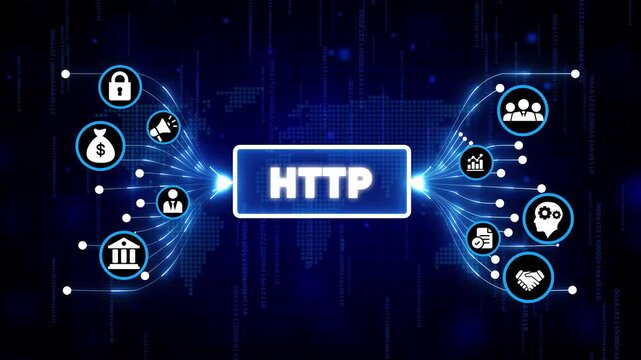 HTTP protocol digital technology concept with glowing icons on dark futuristic background for web development and cyber security