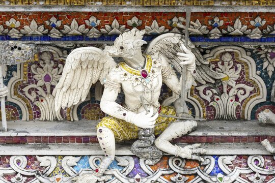 Decorative elements with pop culture references (for example comics, superheroes) in the stucco and porcelain vases outside and inside the art hall with modern art trends such as minimalism and abstraction, Wat Pariwat, Yan Nawa district, Bangkok, Thailand